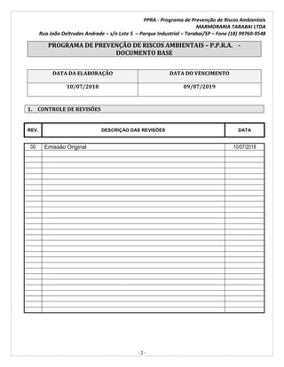 PPRA - Programa de Prevenção de Riscos Ambientais
MARMORARIA TARABAI LTDA
Rua João Deltrudes Andrade – s/n Lote 5 – Parque Industrial – Tarabai/SP – Fone (18) 99760-9548
- 2 -
PROGRAMA DE PREVENÇÃO DE RISCOS AMBIENTAIS – P.P.R.A. -
DOCUMENTO BASE
DATA DA ELABORAÇÃO DATA DO VENCIMENTO
10/07/2018 09/07/2019
1. CONTROLE DE REVISÕES
REV. DESCRIÇÃO DAS REVISÕES DATA
00 Emissão Original 10/07/2018
 