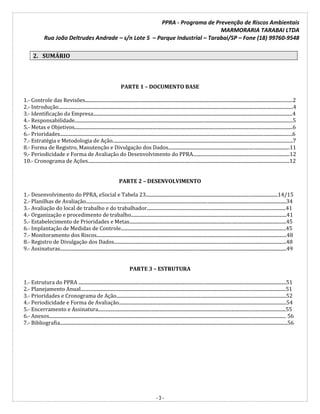 PPRA - Programa de Prevenção de Riscos Ambientais
MARMORARIA TARABAI LTDA
Rua João Deltrudes Andrade – s/n Lote 5 – Parque Industrial – Tarabai/SP – Fone (18) 99760-9548
- 3 -
2. SUMÁRIO
PARTE 1 – DOCUMENTO BASE
1.- Controle das Revisões................................................................................................................................................................................2
2.- Introdução.......................................................................................................................................................................................................4
3.- Identificação da Empresa.........................................................................................................................................................................4
4.- Responsabilidade.........................................................................................................................................................................................5
5.- Metas e Objetivos.........................................................................................................................................................................................6
6.- Prioridades.....................................................................................................................................................................................................6
7.- Estratégia e Metodologia de Ação.........................................................................................................................................................7
8.- Forma de Registro, Manutenção e Divulgação dos Dados.......................................................................................................11
9.- Periodicidade e Forma de Avaliação do Desenvolvimento do PPRA..................................................................................12
10.- Cronograma de Ações...........................................................................................................................................................................12
PARTE 2 – DESENVOLVIMENTO
1.- Desenvolvimento do PPRA, eSocial e Tabela 23................................................................................................................14/15
2.- Planilhas de Avaliação..........................................................................................................................................................................34
3.- Avaliação do local de trabalho e do trabalhador......................................................................................................................41
4.- Organização e procedimento de trabalho....................................................................................................................................41
5.- Estabelecimento de Prioridades e Metas.....................................................................................................................................45
6.- Implantação de Medidas de Controle............................................................................................................................................45
7.- Monitoramento dos Riscos.................................................................................................................................................................48
8.- Registro de Divulgação dos Dados..................................................................................................................................................48
9.- Assinaturas................................................................................................................................................................................................49
PARTE 3 – ESTRUTURA
1.- Estrutura do PPRA ................................................................................................................................................................................51
2.- Planejamento Anual..............................................................................................................................................................................51
3.- Prioridades e Cronograma de Ação................................................................................................................................................52
4.- Periodicidade e Forma de Avaliação..............................................................................................................................................54
5.- Encerramento e Assinatura...............................................................................................................................................................55
6.- Anexos......................................................................................................................................................................................................... 56
7.- Bibliografia.................................................................................................................................................................................................56
 