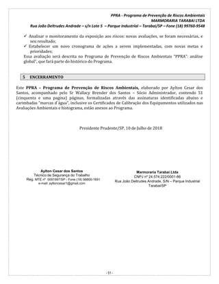 PPRA - Programa de Prevenção de Riscos Ambientais
MARMORARIA TARABAI LTDA
Rua João Deltrudes Andrade – s/n Lote 5 – Parque Industrial – Tarabai/SP – Fone (18) 99760-9548
- 51 -
 Analisar o monitoramento da exposição aos riscos: novas avaliações, se foram necessárias, e
seu resultado;
 Estabelecer um novo cronograma de ações a serem implementadas, com novas metas e
prioridades;
Essa avaliação será descrita no Programa de Prevenção de Riscos Ambientais “PPRA”: análise
global”, que fará parte do histórico do Programa.
5 ENCERRAMENTO
Este PPRA – Programa de Prevenção de Riscos Ambientais, elaborado por Aylton Cesar dos
Santos, acompanhado pelo Sr Wallacy Brender dos Santos – Sócio Administrador, contendo 51
(cinquenta e uma pagina) páginas, formalizadas através das assinaturas identificadas abaixo e
carimbadas “marcas d`água”, inclusive os Certificados de Calibração dos Equipamentos utilizados nas
Avaliações Ambientais e histograma, estão anexos ao Programa.
Presidente Prudente/SP, 10 de Julho de 2018
Aylton Cesar dos Santos
Técnico de Segurança do Trabalho
Reg. MTE nº 0091997/SP - Fone (18) 98800-1691
e-mail: ayltoncesar1@gmail.com
Marmoraria Tarabai Ltda
CNPJ nº 24.574.222/0001-86
Rua João Deltrudes Andrade, S/N – Parque Industrial
Tarabai/SP
 