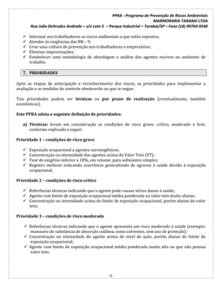 PPRA - Programa de Prevenção de Riscos Ambientais
MARMORARIA TARABAI LTDA
Rua João Deltrudes Andrade – s/n Lote 5 – Parque Industrial – Tarabai/SP – Fone (18) 99760-9548
- 6 -
 Informar aos trabalhadores os riscos ambientais a que estão expostos;
 Atender às exigências das NR – 9;
 Criar uma cultura de prevenção nos trabalhadores e empresários;
 Eliminar improvisações;
 Estabelecer uma metodologia de abordagem e análise dos agentes nocivos no ambiente de
trabalho.
7. PRIORIDADES
Após as etapas de antecipação e reconhecimento dos riscos, as prioridades para implementar a
avaliação e as medidas de controle obedecerão ao que se segue:
Tais prioridades podem ser técnicas ou por prazo de realização (eventualmente, também
econômicas).
Este PPRA adota a seguinte definição de prioridades:
a) Técnicas: levam em consideração as condições de risco grave, crítico, moderado e leve,
conforme explicado a seguir:
Prioridade 1 – condições de risco grave
 Exposição ocupacional a agentes carcinogênicos;
 Concentração ou intensidade dos agentes acima do Valor Teto (VT);
 Teor de oxigênio inferior a 18%, em volume, para asfixiantes simples;
 Registro médicos indicando ocorrência generalizada de agravos à saúde devido à exposição
ocupacional;
Prioridade 2 – condições de risco crítico
 Referências técnicas indicando que o agente pode causar sérios danos à saúde;
 Agente com limite de exposição ocupacional média ponderada ou valor teto muito abaixo;
 Concentração ou intensidade acima do limite de exposição ocupacional, porém abaixo do valor
teto;
Prioridade 3 – condições de risco moderado
 Referências técnicas indicando que o agente apresenta um risco moderado à saúde (exemplo:
manuseio de substância de absorção cutânea, como solventes, sem uso de proteção);
 Concentração ou intensidade do agente acima do nível de ação, porém abaixo do limite de
exposição ocupacional;
 Agente com limite de exposição ocupacional média ponderada muito alto ou que não possua
valor teto;
 