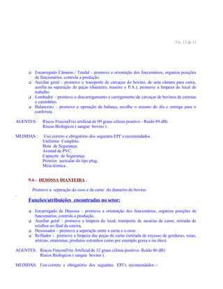Fls. 12 de 31
 Encarregado Câmaras / Tendal – promove a orientação dos funcionários, organiza posições
de funcionários, controla a produção.
 Auxiliar geral – promove o transporte de carcaças do bovino, de uma câmara para outra,
auxilia na separação de peças (dianteiro, traseiro e P.A.), promove a limpeza do local de
trabalho.
 Lombador – promove o descarregamento e carregamento de carcaças de bovinos de carretas
e caminhões.
 Balanceiro – promove a operação da balança, recolhe o resumo do dia e entrega para o
conferista.
AGENTES: Riscos Físicos(Frio artificial de 09 graus célsius positivo - Ruído 89 dB)
Riscos Biológicos ( sangue bovino ) .
MEDIDAS : Uso correto e obrigatório dos seguintes EPI' s recomendados .
Uniforme Completo.
Bota de Segurança.
Avental de PVC.
Capacete de Segurança.
Protetor auricular do tipo plug.
Meia térmica .
9.4.- DESOSSA DIANTEIRA .
Promove a separação do osso e da carne do dianteiro do bovino
.
Funções/atribuições encontradas no setor:
 Encarregado de Desossa – promove a orientação dos funcionários, organiza posições de
funcionários, controla a produção.
 Auxiliar geral – promove a limpeza do local, transporte de sacarias de carne, retirada de
retalhos no final da esteira,
 Desossador – promove a separação entre a carne e o osso.
 Refilador - promove a limpeza das peças de carne (retirada de excesso de gorduras, veias,
artérias, ematomas, produtos estranhos como por exemplo graxa e ou óleo).
AGENTES: Riscos Físicos(Frio Artificial de 12 graus célsius positivo- Ruído 86 dB)
Riscos Biológicos ( sangue bovino ) .
MEDIDAS: Uso correto e obrigatório dos seguintes EPI’s recomendados :-
 