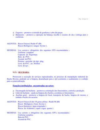 Fls. 18 de 31
 Faqueira – promove a retirada de gorduras e cebo das peças.
 Balanceiro – promove a operação da balança, recolhe o resumo do dia e entrega para o
conferista.
AGENTES: Riscos Físicos ( Ruído 87 dB)
Riscos Biológicos ( sangue bovino ) .
MEDIDAS: Uso correto e obrigatório dos seguintes EPI’s recomendados :-
Uniforme completo
Capacete de Segurança.
Bota de PVC .
Avental de PVC.
Protetor auricular do tipo plug.
Luva de PVC , ou Nitrilica .
Luva de aço .
9.13.- BUCHARIA.
Promovem a execução de serviços especializados, no processo de manipulação industrial do
Bucho Bovino, podendo ser a limpeza, desenabação para o pré cozimento, o acabamento e o embalo
para a comercialização.
Funções/atribuições encontradas no setor:
 Encarregado de bucharia – promove a orientação dos funcionários, controla a produção.
 Líder de bucharia – ajuda na limpeza dos buchos, coordena os funcionários
 Auxiliar geral – promove a limpeza do local, transporte de bucho, limpeza do mesmo, e
embala o bucho em sacarias.
AGENTES: Riscos Físicos (Calor 38 graus célsius - Ruído 86 dB)
Riscos Biológicos ( fezes bovino ) .
Riscos Químicos ( água oxigenada ) .
Riscos de Acidentes ( vapor e água quente )
MEDIDAS: Uso correto e obrigatório dos seguintes EPI’s recomendados:-
Uniforme completo
Bota de PVC.
Avental de PVC.
 