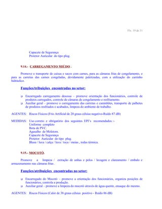 Fls. 19 de 31
Capacete de Segurança
Protetor Auricular do tipo plug.
9.14.- CARREGAMENTO MIÚDO .
Promove o transporte de caixas e sacos com carnes, para as câmaras frias de congelamento, e
para as carretas das carnes congeladas, devidamente paletizadas, com a utilização do carrinho
hidráulico.
Funções/tribuições encontradas no setor:
 Encarregado carregamento desossa – promove orientação dos funcionários, controle de
produtos carregados, controle de câmaras de congelamento e resfriamento.
 Auxiliar geral – promove o carregamento das carretas e caminhões, transporte de palhetes
de produtos resfriados e acabados, limpeza do ambiente de trabalho.
AGENTES: Riscos Físicos (Frio Artificial de 20 graus célsius negativo-Ruído 87 dB)
MEDIDAS: Uso correto e obrigatório dos seguintes EPI’s recomendados :-
Uniforme completo
Bota de PVC.
Agasalho de Moletom.
Capacete de Segurança
Protetor Auricular do tipo plug.
Blusa / luva / calça / luva / toca / meias , todas térmica.
9.15.- MOCOTÓ.
Promove a limpeza / extração de unhas e pelos / lavagem e clareamento / embalo e
armazenamento nas câmaras frias .
Funções/atribuições encontradas no setor:
 Encarregado do Mocotó – promove a orientação dos funcionários, organiza posições de
funcionários, controla a produção.
 Auxiliar geral – promove a limpeza do mocotó através de água quente, ensaque do mesmo.
AGENTES: Riscos Físicos (Calor de 38 graus célsius positivo - Ruído 86 dB)
 