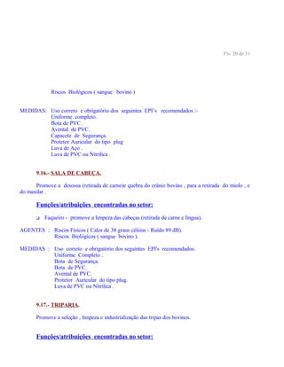 Fls. 20 de 31
Riscos Biológicos ( sangue bovino )
MEDIDAS: Uso correto e obrigatório dos seguintes EPI’s recomendados :-
Uniforme completo.
Bota de PVC.
Avental de PVC.
Capacete de Segurança.
Protetor Auricular do tipo plug
Luva de Aço .
Luva de PVC ou Nitrilica .
9.16.- SALA DE CABEÇA.
Promove a desossa (retirada de carne)e quebra do crânio bovino , para a retirada do miolo , e
do maxilar .
Funções/atribuições encontradas no setor:
 Faqueiro - promove a limpeza das cabeças (retirada de carne e língua).
AGENTES : Riscos Físicos ( Calor de 38 graus célsius - Ruído 89 dB).
Riscos Biológicos ( sangue bovino ).
MEDIDAS : Uso correto e obrigatório dos seguintes EPI's recomendados.
Uniforme Completo .
Bota de Segurança.
Bota de PVC.
Avental de PVC.
Protetor Auricular do tipo plug.
Luva de PVC ou Nitrilica .
9.17.- TRIPARIA.
Promove a seleção , limpeza e industrialização das tripas dos bovinos.
Funções/atribuições encontradas no setor:
 