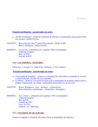Fls. 26 de 31
Funções/atribuições encontradas no setor:
 Auxiliar de Inspeção – auxilia na verificação de doenças e contaminações que possam existir
nas carcaças e miúdos bovinos.
AGENTES : Riscos Físicos( calor 37 graus célsius positivo - Ruído 87 dB)
Riscos Biológicos ( sangue bovino).
MEDIDAS : Uso correto e obrigatório dos seguintes EPI's recomendados.
Uniforme completo.
Bota de PVC.
Avental de PVC.
9.26.- LAVANDERIA / VESTIÁRIO .
Promovem a lavagem e a limpeza dos uniformes e dos vestiários.
Funções/atribuições encontradas no setor:
 Encarregada de lavanderia – promove a orientação dos funcionários, orientação de serviços
a serem realizados, fiscaliza serviços realizados.
 Lavadeiras – promove a lavagem de roupas com a manipulação de produtos químicos para a
limpeza e higienização das roupas usadas pelos funcionários no seu dia a dia .
AGENTES : Riscos Biológicos ( vírus - bactérias - protozoários).
Riscos Químicos ( desinfetantes - bactericidas - detergentes )
MEDIDAS : Uso correto e obrigatório dos seguintes EPI’s recomendados :-
Uniforme Completo.
Bota de PVC .
Avental de PVC.
Luva de PVC.
Capacete de Segurança.
9.27.- CONTROLE DE QUALIDADE.
Promove a inspeção e orientação do modo correto de manipulação de alimentos.
 