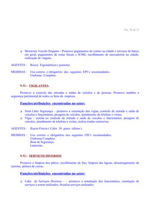 Fls. 29 de 31
 Motorista Veiculo Pequeno - Promove pagamentos de contas na cidade e serviços de banco
em geral, pagamentos de notas fiscais e ICMS, recolhimento de mercadorias na cidade,
realização de viagens.
AGENTES : Riscos Ergométricos ( postura).
MEDIDAS : Uso correto e obrigatório dos seguintes EPI’s recomendados.
Uniforme Completo.
9.31.- VIGILANTES.
Promove o controle das entradas e saídas de veículos e de pessoas. Promove também a
segurança patrimonial de todos os bens da empresa.
Funções/atribuições encontradas no setor:
 Semi Líder Segurança – promove a orientação dos vigias, controle de entrada e saída de
veículos e funcionários, pesagem de veículos, atendimento de telefone e visitas.
 Vigia – auxilia no controle de entrada e saída de veículos e funcionários, pesagem de
veículos, atendimento de telefone e visitas, realiza rondas ostensivas.
AGENTES : Riscos Físicos ( Calor 36 graus célsius ).
MEDIDAS : Uso correto e obrigatório dos seguintes EPI’s recomendados:
Uniforme Completo.
Bota de Segurança.
Lanternas .
9.32.- SERVIÇOS DIVERSOS
Promove a limpeza dos pátios, recolhimento de lixo, limpeza das lagoas, descarregamento de
carretas, pintura de cercas.
Funções/atribuições encontradas no setor:
 Líder de Serviços Diversos – – promove a orientação dos funcionários, orientação de
serviços a serem realizados, fiscaliza serviços realizados.
 