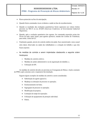 Emissão: 06/06/2012

                            XXXXXXXXXXXX LTDA.                                      Revisão: 01
          PPRA - Programa de Prevenção de Riscos Ambientais.
                                                                                    Páginas: De 1 a 25



      Riscos potenciais na fase de antecipação;

      Quando forem constatados riscos evidentes a saúde na fase de reconhecimento;

      Quando os resultados das avaliações quantitativas forem superiores aos valores limites
       previstos na NR-15 ou na ACGIH (American Conference of Governmental Industrial
       Hygienists);

      Quando, após a avaliação quantitativa dos agentes, for constatada exposição acima dos
       Níveis de ação, quais sejam: para agentes químicos, metade dos Limites de Tolerância;
       para ruído, a dose de 0,5;

      Finalmente quando, através do controle médico da saúde, ficar caracterizado o nexo causal
       entre danos observados na saúde dos trabalhadores e a situação de trabalho a que eles
       ficam expostos.

      As medidas de controle a serem implantadas obedecerão a seguinte ordem
       hierárquica:

             Medidas de controle coletivo;
             Medidas de caráter administrativo ou de organização do trabalho; e,
             Utilização de EPI.


      As medidas de controle deverão ser previstas no Cronograma de Metas e Ações constante
do PPRA, após consenso com o responsável da instalação.

       Seguem alguns exemplos de medidas de controle a serem consideradas:
             Substituição do agente agressivo;
             Mudança ou alteração do processo ou operação;
             Enclausuramento da fonte;
             Segregação do processo ou operação;
             Modificação de projetos;
             Limitação do tempo de exposição;
             Utilização de equipamento de proteção individual;
             Outras.




                                                                                             15
 