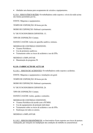 18
• Abafador ant-chamas para escapamento de veiculos e equipamentos.
8.1.9.4 – RISCO FÍSICO RUÍDO: Os trabalhadores estão exposto a níveis de ruído acima
dos limites permitidos por lei..
FONTE: Máquinas e equipamentos.
TEMPO DE EXPOSIÇÃO: 08 horas por dia.
MODO DE EXPOSIÇÃO: Habitual e permanente.
N.º DE FUNCIONÁRIOS EXPOSTOS: 13.
TIPO DE EXPOSIÇÃO: Contato.
DANOS À SAÚDE: lesões do aparelho auditivo, tonturas.
MEDIDAS DE CONTROLE EXISTENTE:
• Exames Periódicos;
• Uso de protetores auditivos;
• Treinamento sobre os riscos de acidentes e uso de EPIs.
MEDIDAS A IMPLANTAR:
• Manutenção do programa 5S
8.1.10 - FABRICAÇÃO DE AÇÚCAR
8.1.10.1 – RISCOS DE ACIDENTES: Os trabalhadores estão exposto a acidentes.
FONTE: Máquinas e equipamentos e instalações em geral.
TEMPO DE EXPOSIÇÃO: 08 horas por dia
MODO DE EXPOSIÇÃO: Habitual e permanente.
N.º DE FUNCIONÁRIOS EXPOSTOS: 26
TIPO DE EXPOSIÇÃO: Contato.
DANOS À SAÚDE: lesões, quedas e contusões.
MEDIDAS DE CONTROLE EXISTENTE:
• Exames Periódicos de acordo com o PCMSO.
• Uso de equipamentos de proteção individual.
• Treinamento sobre os riscos de acidentes e uso de EPIs.
• Sinalizaçao de todos os setores.
MEDIDAS A IMPLANTAR:
8.1.10.2 – RISCOS ERGONÔMICOS: os funcionários ficam expostos aos riscos de postura
inadequada, por situações de inadaptação das condições de trabalho às características
 