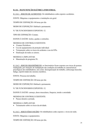 29
8.1.16 – MANUTENÇÃO ELÉTRICA INDUSTRIAL
8.1.16.1 – RISCOS DE ACIDENTES: Os trabalhadores estão exposto a acidentes.
FONTE: Máquinas e equipamentos e instalações em geral.
TEMPO DE EXPOSIÇÃO: 08 horas por dia
MODO DE EXPOSIÇÃO: Habitual e permanente.
N.º DE FUNCIONÁRIOS EXPOSTOS: 12.
TIPO DE EXPOSIÇÃO: Contato.
DANOS À SAÚDE: lesões, quedas e contusões.
MEDIDAS DE CONTROLE EXISTENTE:
• Exames Periódicos.
• Uso de equipamentos de proteção individual.
• Treinamento sobre os riscos de acidentes e uso de EPIs.
• Sinalização de todos os setores.
MEDIDAS A IMPLANTAR:
• Manutenção do programa 5S.
8.1.16.2 – RISCOS ERGONÔMICOS: os funcionários ficam expostos aos riscos de postura
inadequada, por situações de inadaptação das condições de trabalho às características
psicológicas dos trabalhadores, tais como: desorganização do trabalho, sobrecarga muscular,
fadiga, repetitividade dos mesmos membros.
FONTE: Processo de trabalho.
TEMPO DE EXPOSIÇÃO: 08 horas por dia
MODO DE EXPOSIÇÃO: Habitual e permanente.
N.º DE FUNCIONÁRIOS EXPOSTOS: 12.
DANOS À SAÚDE: cansaço, dores musculares, fraqueza, tensão e ansiedade.
MEDIDAS DE CONTROLE EXISTENTE:
• Pausas durante a jornada.
MEDIDAS A IMPLANTAR:
• Treinamento sobre os riscos da atividade.
8.1.16.3 – RISCO FÍSICO RUÍDO: Os trabalhadores estão exposto a níveis de ruído.
FONTE: Máquinas e equipamentos.
TEMPO DE EXPOSIÇÃO: 08 horas por dia.
 