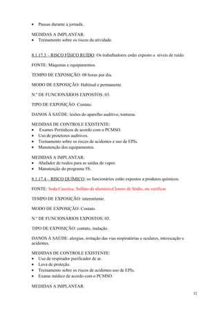 32
• Pausas durante a jornada..
MEDIDAS A IMPLANTAR:
• Treinamento sobre os riscos da atividade.
8.1.17.3 – RISCO FÍSICO RUÍDO: Os trabalhadores estão exposto a níveis de ruído.
FONTE: Máquinas e equipamentos.
TEMPO DE EXPOSIÇÃO: 08 horas por dia.
MODO DE EXPOSIÇÃO: Habitual e permanente.
N.º DE FUNCIONÁRIOS EXPOSTOS: 03.
TIPO DE EXPOSIÇÃO: Contato.
DANOS À SAÚDE: lesões do aparelho auditivo, tonturas.
MEDIDAS DE CONTROLE EXISTENTE:
• Exames Periódicos de acordo com o PCMSO.
• Uso de protetores auditivos.
• Treinamento sobre os riscos de acidentes e uso de EPIs.
• Manutenção dos equipamentos.
MEDIDAS A IMPLANTAR:
• Abafador de ruidos para as saidas de vapor.
• Manutenção do programa 5S.
8.1.17.4 – RISCO QUÍMICO: os funcionários estão expostos a produtos químicos.
FONTE: Soda Caustica, Sulfato de alumínio,Cloreto de Sódio, etc.verificar
TEMPO DE EXPOSIÇÃO: intermitente.
MODO DE EXPOSIÇÃO: Contato.
N.º DE FUNCIONÁRIOS EXPOSTOS: 03.
TIPO DE EXPOSIÇÃO: contato, inalação.
DANOS À SAÚDE: alergias, irritação das vias respiratórias e oculares, intoxicação e
acidentes.
MEDIDAS DE CONTROLE EXISTENTE:
• Uso de respirador purificador de ar.
• Luva de proteção.
• Treinamento sobre os riscos de acidentes uso de EPIs.
• Exame médico de acordo com o PCMSO.
MEDIDAS A IMPLANTAR:
 