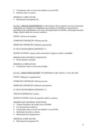 36
• Treinamento sobre os riscos de acidentes e uso de EPIs.
• Sinalizar todos os setores.
MEDIDAS A IMPLANTAR:
• Manutenção do programa 5S.
8.1.19.2 – RISCOS ERGONÔMICOS: os funcionários ficam expostos aos riscos de postura
inadequada, por situações de inadaptação das condições de trabalho às características
psicológicas dos trabalhadores, tais como: desorganização do trabalho, sobrecarga muscular,
fadiga, repetitividade dos mesmos membros.
FONTE: Processo de trabalho.
TEMPO DE EXPOSIÇÃO: 08 horas por dia
MODO DE EXPOSIÇÃO: Habitual e permanente.
N.º DE FUNCIONÁRIOS EXPOSTOS: 17.
DANOS À SAÚDE: cansaço, dores musculares, fraqueza, tensão e ansiedade.
MEDIDAS DE CONTROLE EXISTENTE:
• Pausas durante a jornada..
MEDIDAS A IMPLANTAR:
• Treinamento sobre os riscos da atividade.
8.1.19.3 – RISCO FÍSICO RUÍDO: Os trabalhadores estão exposto a níveis de ruído.
FONTE: Máquinas e equipamentos.
TEMPO DE EXPOSIÇÃO: 08 horas por dia.
MODO DE EXPOSIÇÃO: Habitual e permanente.
N.º DE FUNCIONÁRIOS EXPOSTOS: 17.
TIPO DE EXPOSIÇÃO: Contato.
DANOS À SAÚDE: lesões do aparelho auditivo, tonturas.
MEDIDAS DE CONTROLE EXISTENTE:
• Exames Periódicos de acordo com o PCMSO.
• Uso de protetores auditivos;
• Treinamento sobre os riscos de acidentes e uso de EPIs.
• Sinalização de todos os setores.
• Manutenção dos equipamentos.
MEDIDAS A IMPLANTAR:
• Manutenção do programa 5S.
 