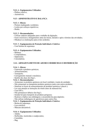 50
9.12. 4 - Equipamentos Utilizados:
- Ônibus coletivo;
- Automóveis.
9.13 - ADMINISTRATIVO E BALANÇA
9.13. 1 - Riscos:
- Postura inadequada e acidentes;
- Lesões por esforços repetitivos;
- Ruído;
9.13. 2 - Recomendações:
- Utilizar cadeiras adequadas para o trabalho de digitação;
- Fazer exercícios e alongamentos antes de iniciar, durante e após o término das atividades;
- Obedecer as sinalizações para evitar acidentes.
9.13. 3 - Equipamentos de Proteção Individual e Coletiva:
- Usar botinas de segurança.
9.13. 4 - Equipamentos Utilizados:
- Balança;
- Computadores;
- Impressora;
- Calculadoras.
3.14 - ARMAZENAMENTO DE ADUBO E HERBICIDAS E DISTRIBUIÇÃO
9.14. 1 - Riscos:
- Exposição a produtos químicos;
- Armazenamento;
- Transporte;
- Carregamento manual e mecânico;
- Quebra das alças dos bag’s.
9.14. 2 - Recomendações:
- Armazenar os produtos químicos em local ventilado e isento de umidade;
- Não armazenar ou transportar produtos químicos junto com outros produtos;
- Sinalizar os locais de armazenamento de produtos químicos ( placas );
- Ler com atenção as instruções do rótulo antes de manuseá-las;
- Usar EPI’s;
- Não permanecer debaixo dos bag’s.
- Instalar kit para transporte de produtos perigosos;
- Realizar a tríplice nas embalagens e encaminhá-las para depósito;
- Não utilizar embalagens de agrotóxicos para outros fins.
9.14. 3 - Equipamentos de Proteção Individual e Coletiva:
- Botina de segurança;
- Luva nitrilica;
- Máscara descartável;
9.14. 4 - Equipamentos Utilizados:
- Adubo;
- Herbicidas, inseticidas e coadjuvantes;
- Caminhão;
- Bag.
 