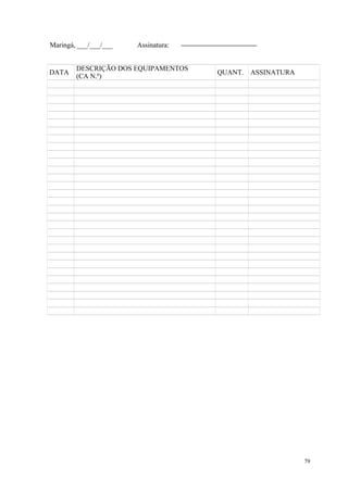 79
Maringá, ___/___/___ Assinatura:
DATA
DESCRIÇÃO DOS EQUIPAMENTOS
(CA N.º)
QUANT. ASSINATURA
 