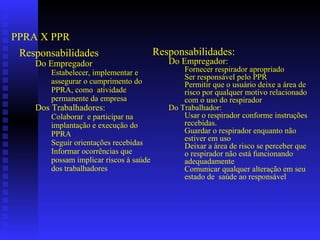 PPRA X PPR
 Responsabilidades                       Responsabilidades:
    Do Empregador                           Do Empregador:
        Estabelecer, implementar e              Fornecer respirador apropriado
                                                Ser responsável pelo PPR
        assegurar o cumprimento do              Permitir que o usuário deixe a área de
        PPRA, como atividade                    risco por qualquer motivo relacionado
        permanente da empresa                   com o uso do respirador
    Dos Trabalhadores:                      Do Trabalhador:
        Colaborar e participar na               Usar o respirador conforme instruções
        implantação e execução do               recebidas.
        PPRA                                    Guardar o respirador enquanto não
                                                estiver em uso
        Seguir orientações recebidas            Deixar a área de risco se perceber que
        Informar ocorrências que                o respirador não está funcionando
        possam implicar riscos à saúde          adequadamente
        dos trabalhadores                       Comunicar qualquer alteração em seu
                                                estado de saúde ao responsável
 