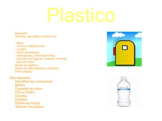Papel Depositar: embalagens de cartão, por ex.: caixas de cereais; bolachas, etc sacos de papel papel de embrulho jornais e revistas papel de escrita papel de impressão caixas de cartão de ovos envelopes (não é preciso tirar janela) Não depositar: embalagens de cartão com gordura, por ex.: pacotes de batatas fritas, caixas de pizza sacos de cimento embalagens de produtos químicos papel de alumínio papel autocolante papel de cozinha, guardanapos e lenços de papel sujos toalhetes e fraldas  papel plastificado  