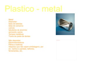 Plastico Depositar: Garrafas, garrafões e frascos de:  - água - sumos e refrigerantes - vinagre - óleos alimentares - detergentes ( incluindo lixívia) - produtos de higiene ( shampô, cremes) - óleo de motor  Sacos de plástico  Sacos de ráfia (batatas e cebolas)  Filme plástico Não depositar: Garrafões de combustível Baldes Cassetes de vídeo CD's e DVD's Canetas Cabides Rolhas de cortiça Talheres de plástico  