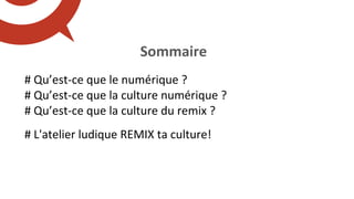 Sommaire	
# Qu’est-ce	que	le	numérique	?			
# Qu’est-ce	que	la	culture	numérique	?	
# Qu’est-ce	que	la	culture	du	remix	?	...