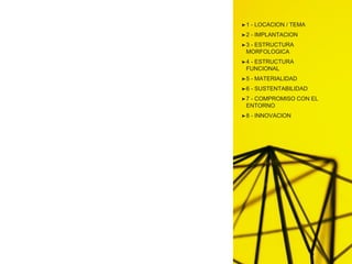 ➤1 - LOCACION / TEMA
➤2 - IMPLANTACION
➤3 - ESTRUCTURA
MORFOLOGICA
➤4 - ESTRUCTURA
FUNCIONAL
➤5 - MATERIALIDAD
➤6 - SUSTEN...