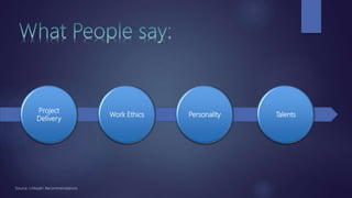 Work Ethics
Project
Delivery
Personality Talents
Source: LinkedIn Recommendations
 