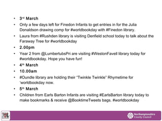 • 3rd March 
• Only a few days left for Finedon Infants to get entries in for the Julia 
Donaldson drawing comp for #worldbookday with #Finedon library. 
• Laura from #Rushden library is visiting Denfield school today to talk about the 
Faraway Tree for #worldbookday 
• 2.00pm 
• Year 2 from @LumbertubsPri are visiting #WestonFavell library today for 
#worldbookday. Hope you have fun! 
• 4th March 
• 10.00am 
• #Oundle library are holding their “Twinkle Twinkle” Rhymetime for 
‘worldbookday now. 
• 5th March 
• Children from Earls Barton Infants are visiting #EarlsBarton library today to 
make bookmarks & receive @BooktimeTweets bags. #worldbookday 
 