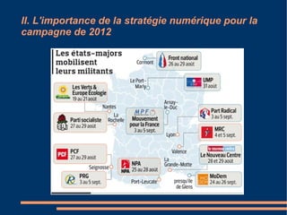 Compte par Fan Page, Profil personnel, ou groupe. Comptes recensant liens, agendas et communiqué plutôt que des espaces de dialogues avec les sympathisants du candidat 