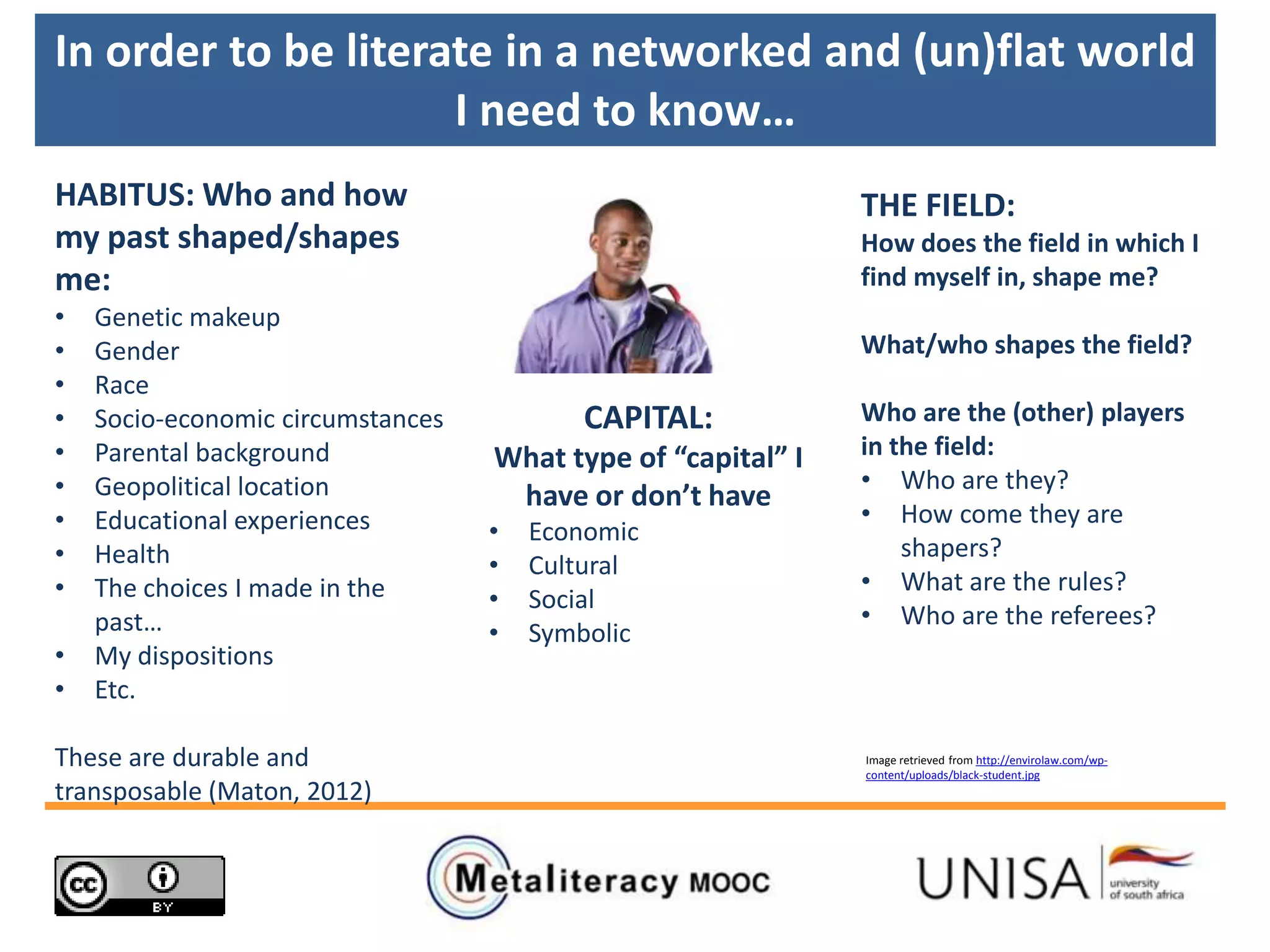 Image retrieved from http://envirolaw.com/wp-
content/uploads/black-student.jpg
CAPITAL:
What type of “capital” I
have or don’t have
• Economic
• Cultural
• Social
• Symbolic
HABITUS: Who and how
my past shaped/shapes
me:
• Genetic makeup
• Gender
• Race
• Socio-economic circumstances
• Parental background
• Geopolitical location
• Educational experiences
• Health
• The choices I made in the
past…
• My dispositions
• Etc.
These are durable and
transposable (Maton, 2012)
In order to be literate in a networked and (un)flat world
I need to know…
THE FIELD:
How does the field in which I
find myself in, shape me?
What/who shapes the field?
Who are the (other) players
in the field:
• Who are they?
• How come they are
shapers?
• What are the rules?
• Who are the referees?
 