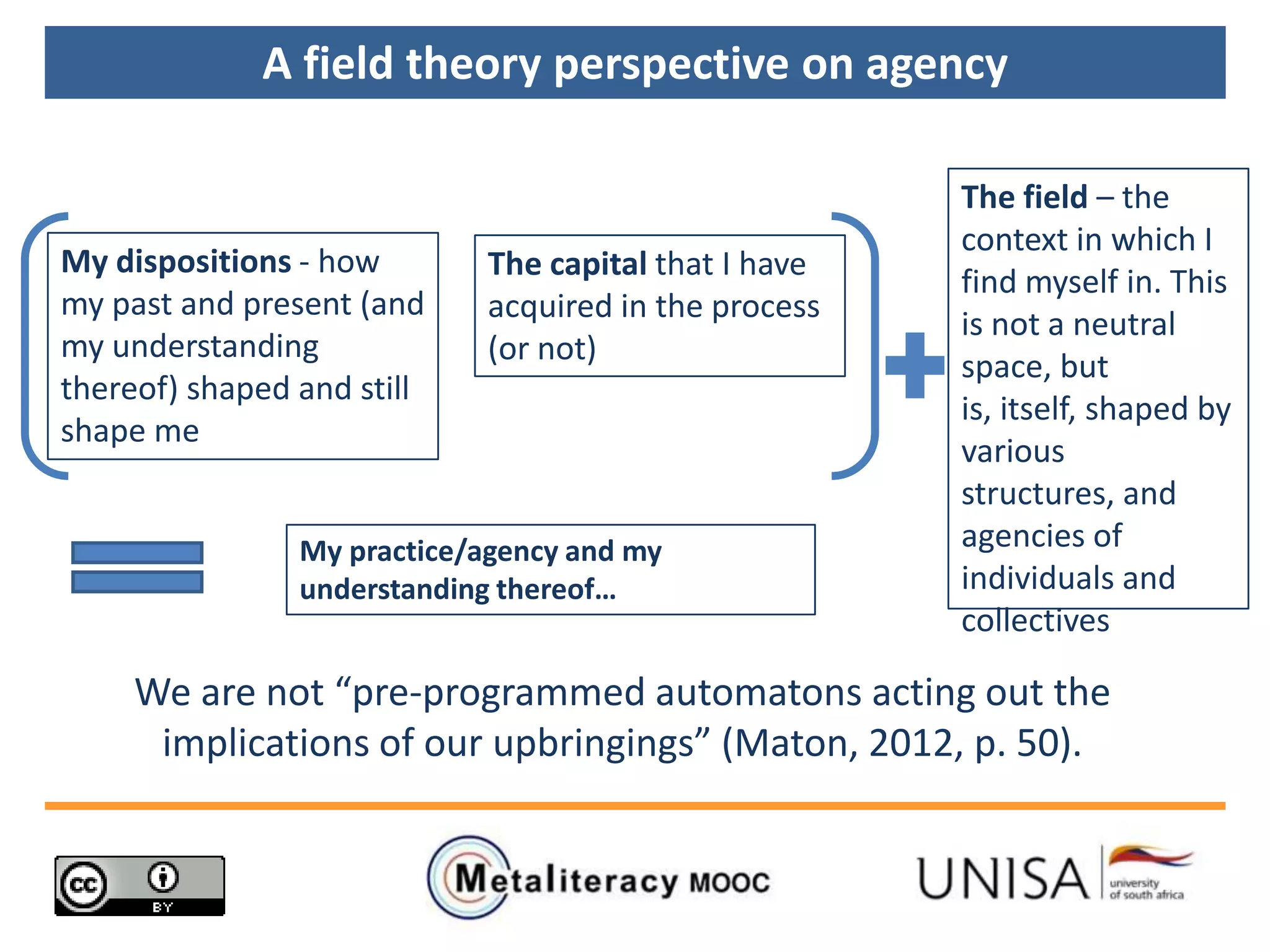 A field theory perspective on agency
My dispositions - how
my past and present (and
my understanding
thereof) shaped and still
shape me
The capital that I have
acquired in the process
(or not)
The field – the
context in which I
find myself in. This
is not a neutral
space, but
is, itself, shaped by
various
structures, and
agencies of
individuals and
collectives
My practice/agency and my
understanding thereof…
We are not “pre-programmed automatons acting out the
implications of our upbringings” (Maton, 2012, p. 50).
 