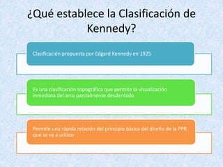 ¿Qué establece la Clasificación de
Kennedy?
Clasificación propuesta por Edgard Kennedy en 1925
Es una clasificación topográfica que permite la visualización
inmediata del arco parcialmente desdentado
Permite una rápida relación del principio básica del diseño de la PPR
que se va a utilizar
 