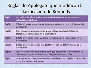 Reglas de Applegate que modifican la
clasificación de Kennedy
Regla 1 La clasificación debe realizarse después de efectuar las extracciones
indicadas por el clínico
Regla 2 Si falta un tercer molar y no va a ser reemplazado, no se considera para la
clasificación
Regla 3 Si se encuentra un tercer molar y será utilizado en la rehabilitación
protésica, se lo considera en la clasificación
Regla 4 Si falta un segundo molar y no será reemplazado, no se considera en la
clasificación
Regla 5 El área o aéreas edéntulas más posteriores son las determinantes de la
clasificación
Regla 6 Las aéreas desdentadas distintas de la que determinan la clasificación se
denominan “modificaciones” y son designadas por su número
Regla 7 La extensión de la modificación no se considera, si no tan sólo la cantidad de
zonas desdentadas adicionales
 