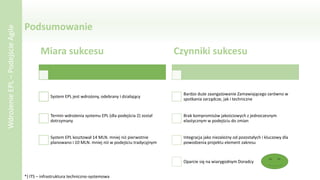 Podsumowanie
WdrożenieEPL–PodejścieAgile
Miara sukcesu
System EPL jest wdrożony, odebrany i działający
Termin wdrożenia systemu EPL (dla podejścia 2) został
dotrzymany
System EPL kosztował 14 MLN. mniej niż pierwotnie
planowano i 10 MLN. mniej niż w podejściu tradycyjnym
Czynniki sukcesu
Bardzo duże zaangażowanie Zamawiającego zarówno w
spotkania zarządcze, jak i techniczne
Brak kompromisów jakościowych z jednoczesnym
elastycznym w podejściu do zmian
Integracja jako niezależny od pozostałych i kluczowy dla
powodzenia projektu element zakresu
Oparcie się na wiarygodnym Doradcy
*) ITS – infrastruktura techniczno-systemowa
 