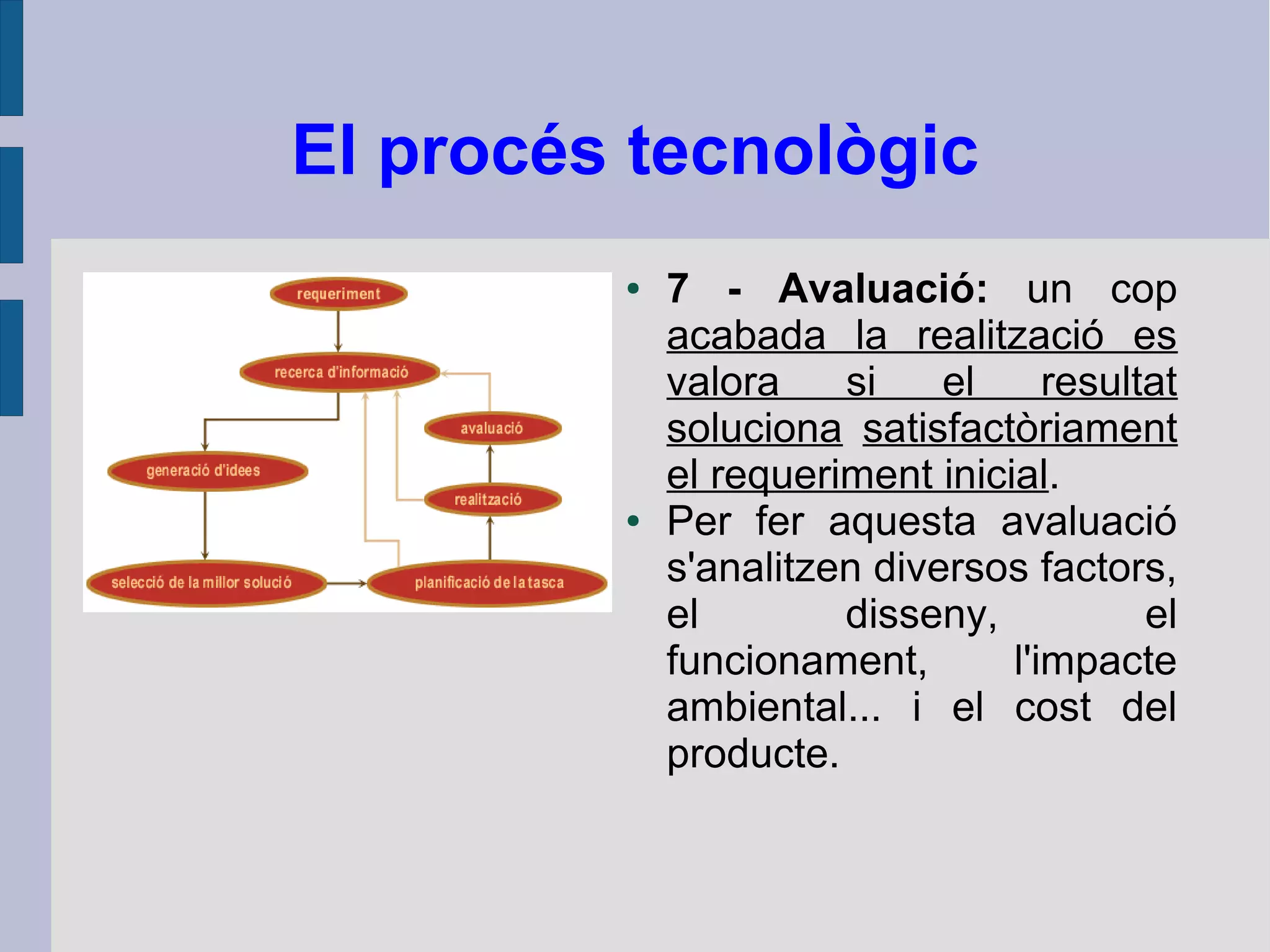 El procés tecnològic
● 7 - Avaluació: un cop
acabada la realització es
valora si el resultat
soluciona satisfactòriament
el requeriment inicial.
● Per fer aquesta avaluació
s'analitzen diversos factors,
el disseny, el
funcionament, l'impacte
ambiental... i el cost del
producte.
 