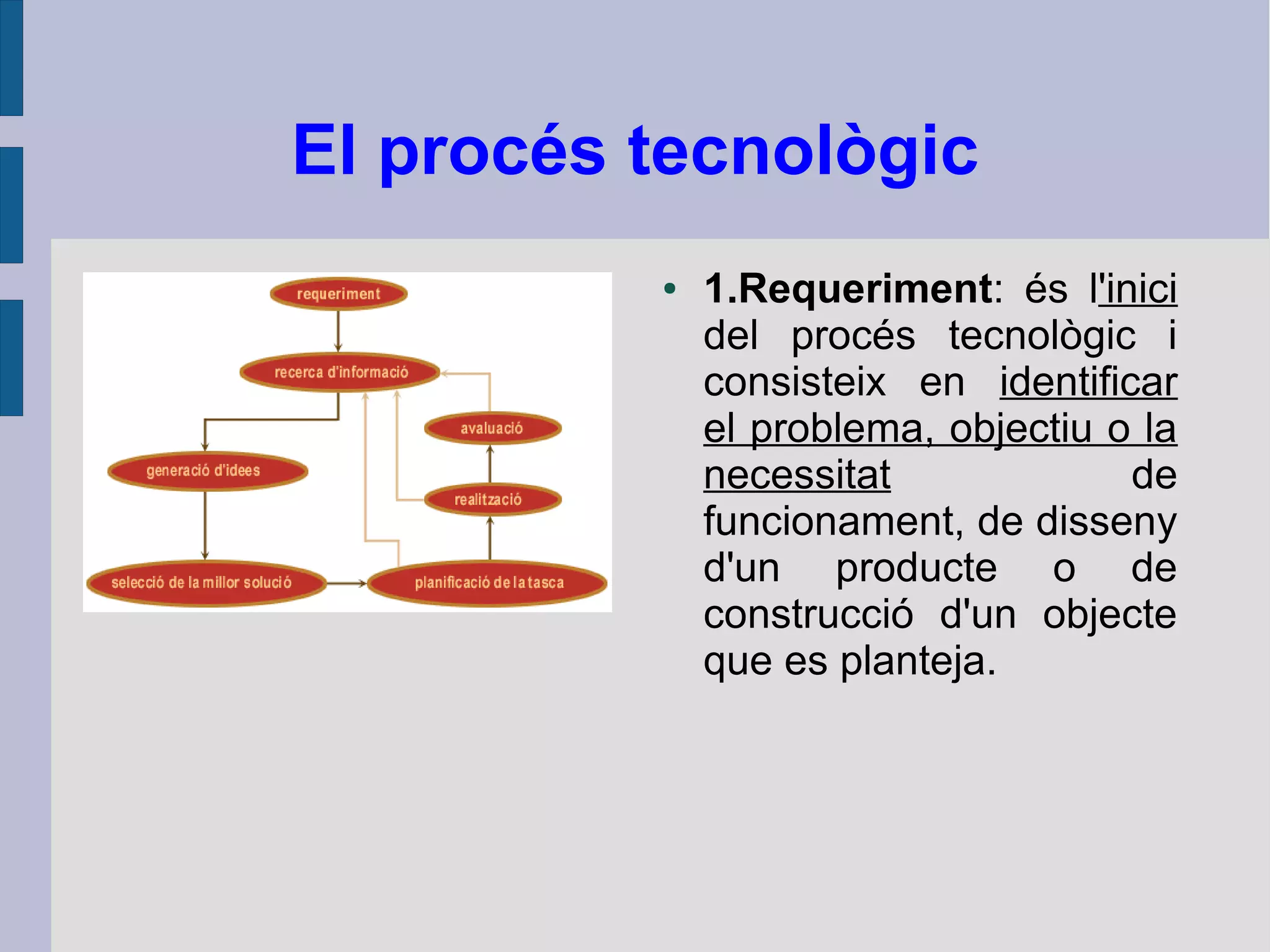 El procés tecnològic
● 1.Requeriment: és l'inici
del procés tecnològic i
consisteix en identificar
el problema, objectiu o la
necessitat de
funcionament, de disseny
d'un producte o de
construcció d'un objecte
que es planteja.
 