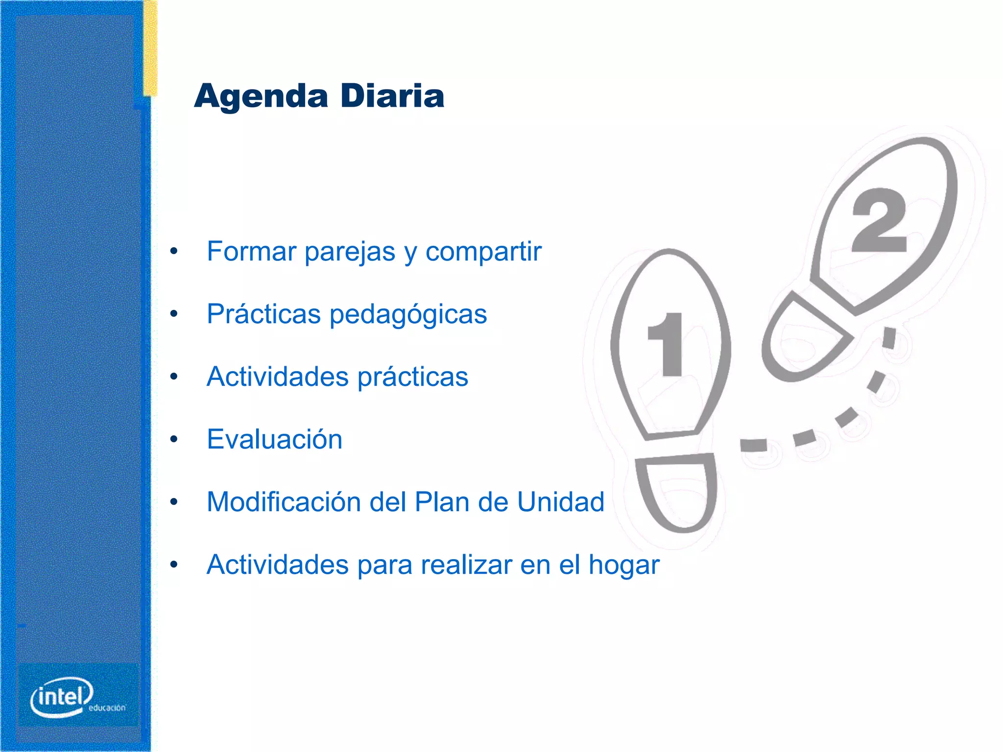 Agenda Diaria Formar parejas y compartir Prácticas pedagógicas Actividades prácticas  Evaluación  Modificación del Plan de Unidad Actividades para realizar en el hogar   