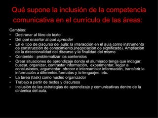 Qué supone la inclusión de la competencia comunicativa en el currículo de las áreas:   Cambios: Destronar al libro de texto Del  qué enseñar  al  qué aprender En el tipo de discurso del aula: la interacción en el aula como instrumento de construcción de conocimiento.(negociación de significado). Ampliación de la direccionalidad del discurso y la finalidad del mismo Contenido : problematizar los contenidos Crear situaciones de aprendizaje donde el alumnado tenga que indagar, buscar, organizar, contrastar información,  experimentar, llegar a conclusiones, argumentar, ofrecer e intercambiar información, transferir la información a diferentes formatos y /o lenguajes, etc. La tarea (task) como núcleo organizador Trabajo a partir de textos y discursos Inclusión de las estrategias de aprendizaje y comunicativas dentro de la dinámica del aula. 