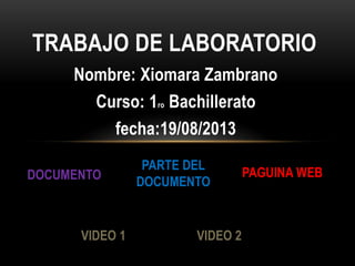 Nombre: Xiomara Zambrano
Curso: 1ro Bachillerato
fecha:19/08/2013
TRABAJO DE LABORATORIO
DOCUMENTO PAGUINA WEB
PARTE DEL
DOCUMENTO
VIDEO 1 VIDEO 2
 