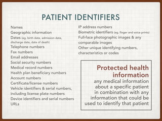 PATIENT IDENTIFIERS
Names
Geographic information
Dates (eg. birth date, admission date,
discharge date, date of death)
Tel...