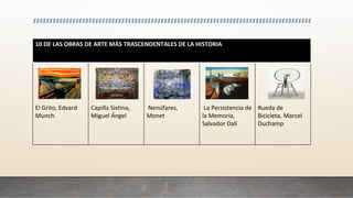 El Grito, Edvard
Munch
Capilla Sixtina,
Miguel Ángel
Nenúfares,
Monet
La Persistencia de
la Memoria,
Salvador Dalí
Rueda de
Bicicleta, Marcel
Duchamp
10 DE LAS OBRAS DE ARTE MÁS TRASCENDENTALES DE LA HISTORIA
 