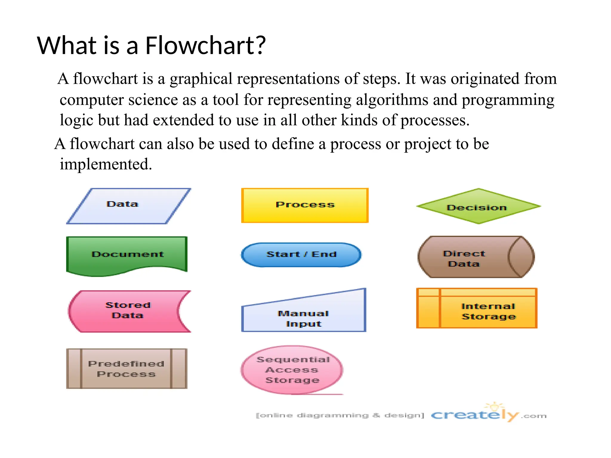 What is a Flowchart?
A flowchart is a graphical representations of steps. It was originated from
computer science as a tool for representing algorithms and programming
logic but had extended to use in all other kinds of processes.
A flowchart can also be used to define a process or project to be
implemented.
 