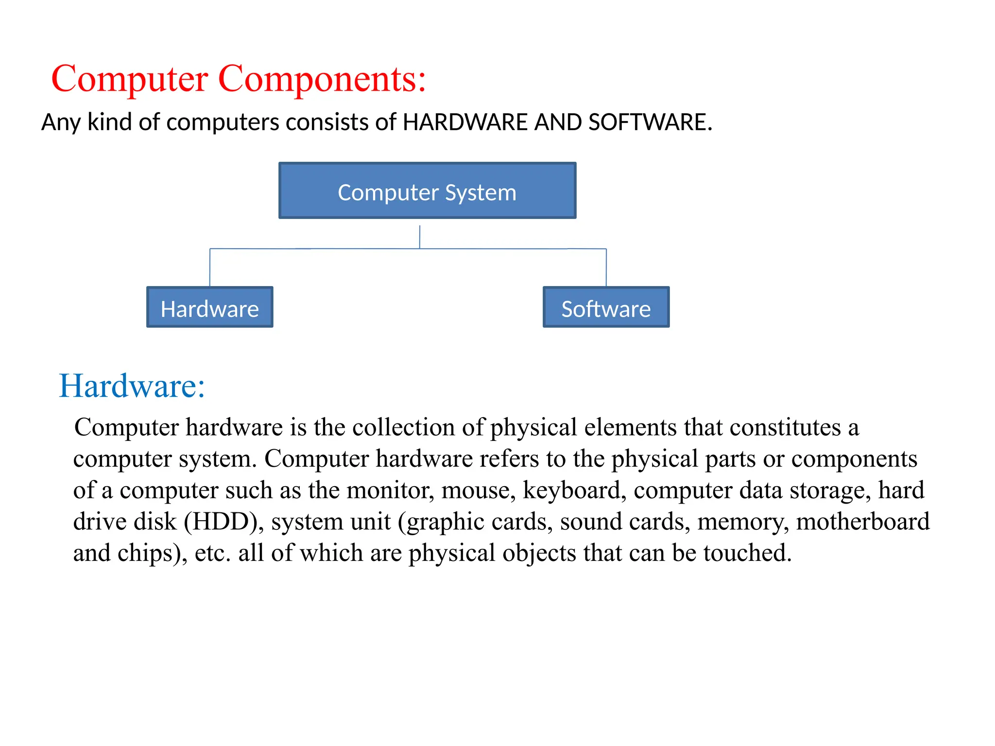 Computer Components:
Any kind of computers consists of HARDWARE AND SOFTWARE.
Hardware:
Computer hardware is the collection of physical elements that constitutes a
computer system. Computer hardware refers to the physical parts or components
of a computer such as the monitor, mouse, keyboard, computer data storage, hard
drive disk (HDD), system unit (graphic cards, sound cards, memory, motherboard
and chips), etc. all of which are physical objects that can be touched.
Computer System
Hardware Software
 