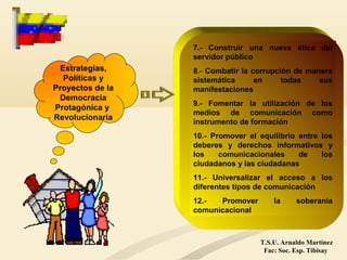 7.- Construir una nueva ética del
servidor público
8.- Combatir la corrupción de manera
sistemática en todas sus
manifestaciones
9.- Fomentar la utilización de los
medios de comunicación como
instrumento de formación
10.- Promover el equilibrio entre los
deberes y derechos informativos y
los comunicacionales de los
ciudadanos y las ciudadanas
11.- Universalizar el acceso a los
diferentes tipos de comunicación
12.- Promover la soberanía
comunicacional
Estrategias,
Políticas y
Proyectos de la
Democracia
Protagónica y
Revolucionaria
T.S.U. Arnaldo Martínez
Fac: Soc. Esp. Tibisay
 