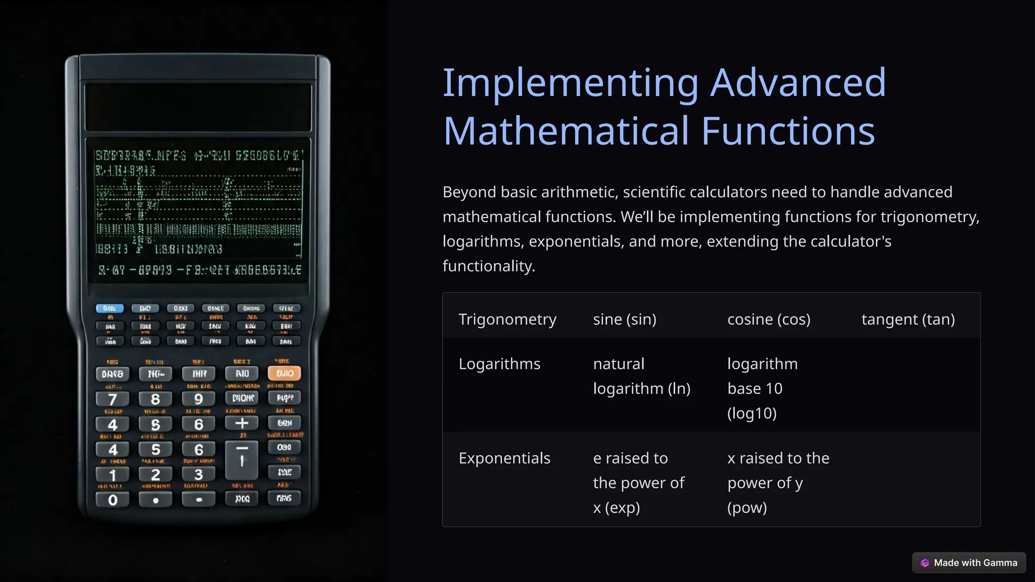 Implementing Advanced
Mathematical Functions
Beyond basic arithmetic, scientific calculators need to handle advanced
mathematical functions. We’ll be implementing functions for trigonometry,
logarithms, exponentials, and more, extending the calculator's
functionality.
Trigonometry sine (sin) cosine (cos) tangent (tan)
Logarithms natural
logarithm (ln)
logarithm
base 10
(log10)
Exponentials e raised to
the power of
x (exp)
x raised to the
power of y
(pow)
 