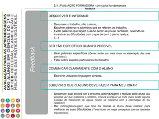 2.1. AVALIAÇÃO FORMADORA - princípios fundamentais
feedback
- Descrever o trabalho, não o aluno;
- Escolher adjetivos e advérbios que se referem ao trabalho;
- Evitar palavras que façam o aluno sentir-se pouco confiante, devendo-se
incentivar as dificuldades com o que de bom o aluno realiza;
- (…)
DESCREVER E INFORMAR
- Usar palavras específicas (Deves tentar ser mais claro na elaboração das tuas
previsões.);
- Falar sobre aspetos particulares do trabalho.
SER TÃO ESPECÍFICO QUANTO POSSÍVEL
- Escrever utilizando linguagem simples.
COMUNICAR CLARAMENTE COM O ALUNO
- Descrever qual deverá ser a próxima aprendizagem a realizar pelo aluno (Da
próxima vez que realizares o relatório, procura averiguar se onde vives existe alguma
estação de tratamento de águas. Como se relaciona com a informação do teu
relatório?)
- Dar indicações/sugerir que tipo de tarefas o aluno deve realizar para
melhorar as suas dificuldades (Tenta fazer um mapa conceptual com os conceitos
importantes).
SUGERIR O QUE O ALUNO DEVE FAZER PARA MELHORAR
Feedback
 