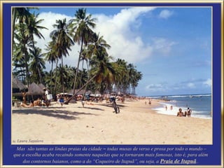 Mas são tantas as lindas praias da cidade – todas musas de verso e prosa por todo o mundo –
que a escolha acaba recaindo somente naquelas que se tornaram mais famosas, isto é, para além
    dos contornos baianos, como a do “Coqueiro de Itapuã”, ou seja, a Praia de Itapuã..
 
