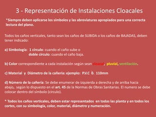 3 - Representación de Instalaciones Cloacales*Siempre deben aplicarse los símbolos y las abreviaturas apropiados para una correcta lectura del plano.Todos los caños verticales, tanto sean los caños de SUBIDA o los caños de BAJADAS, deben tener indicado:a)Simbología:  1 círculo: cuando el caño sube o                           doble círculo: cuando el caño baja.b) Color correspondiente a cada instalación según seancloacal,  pluvial, ventilación.c)Material  y  Diámetro de la cañería: ejemplo:  P.V.C  0   110mmd) Número de la cañería: Se debe enumerar de izquierda a derecha y de arriba hacia abajo,  según lo dispuesto en el art. 45 de la Normas de Obras Sanitarias. El numero se debe colocar dentro del símbolo (circulo).* Todos los caños verticales, deben estar representados  en todas las planta y en todos los cortes, con su simbología, color, material, diámetro y numeración. 