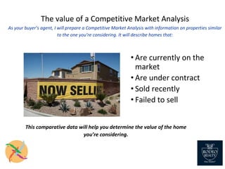 The value of a Competitive Market Analysis
As your buyer’s agent, I will prepare a Competitive Market Analysis with information on properties similar
to the one you’re considering. It will describe homes that:
• Are currently on the
market
• Are under contract
• Sold recently
• Failed to sell
This comparative data will help you determine the value of the home
you’re considering.
 