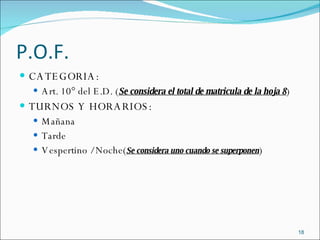 P.O.F. CATEGORIA: Art. 10° del E.D. ( Se considera el total de matricula de la hoja 8 ) TURNOS Y HORARIOS: Mañana Tarde Vespertino / Noche( Se considera uno cuando se superponen ) 