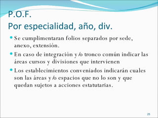 P.O.F. Por especialidad, año, div. Se cumplimentaran folios separados por sede, anexo, extensión. En caso de integración y/o tronco común indicar las áreas cursos y divisiones que intervienen Los establecimientos conveniados indicarán cuales son las áreas y/o espacios que no lo son y que quedan sujetos a acciones estatutarias. 
