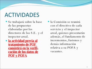 ACTIVIDADES Se trabajará sobre la base de las propuestas elaboradas por los directores de los S.E.  y el inspector areal. la actividad previa al tratamiento de POF  consistirá en la verifi- cación de los datos de POF y POFA la Comisión se reunirá  con el directivo de cada servicio y el inspector areal, quienes presentarán además, el fundamento de incrementos, fusiones y demás información relativa a su POFA y vacantes. 