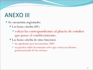 ANEXO III Se encuentra registrado: Las horas cátedra (PF) volcar las correspondientes al plan/es de estudios que posee el establecimiento. Las horas cátedra de otras funciones las aprobadas por mecanizadas 2007 no pueden sufrir incremento salvo que exista un informe pormenorizado de las razones. 