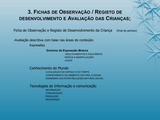3. FICHAS DE OBSERVAÇÃO / REGISTO DE
DESENVOLVIMENTO E AVALIAÇÃO DAS CRIANÇAS;
Ficha de Observação e Registo de Desenvolvimento da Criança (final de período)
-Avaliação descritiva com base nas áreas de conteúdo:
Expressões
Domínio da Expressão Motora
DESLOCAMENTOS E EQUILÍBRIOS
PERÍCIA E MANIPULAÇÕES
JOGOS
Conhecimento do Mundo
LOCALIZAÇÃO NO ESPAÇO E NO TEMPO
CONHECIMENTO DO AMBIENTE NATURAL E SOCIAL
DINAMISMO DAS INTER-RELAÇÕES NATURAL-SOCIAL
Tecnologias de Informação e comunicação
INFORMAÇÃO
COMUNICAÇÃO
PRODUÇÃO
SEGURANÇA
 